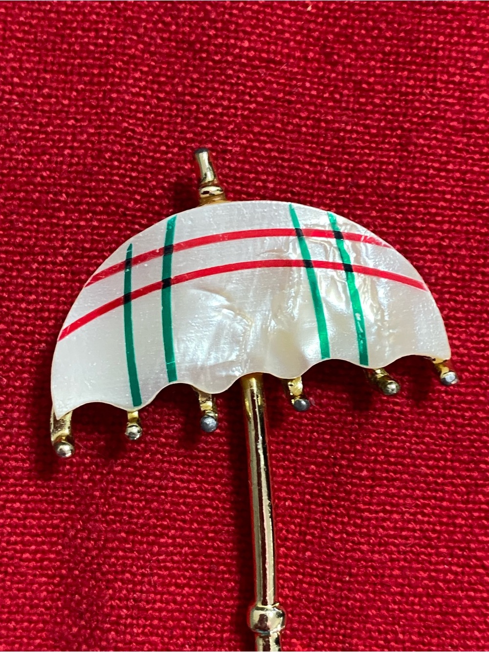 Vintage Mother of Pearl Shell Umbrella Brooch with Red & Green Stripes on gold - Picture 3 of 7